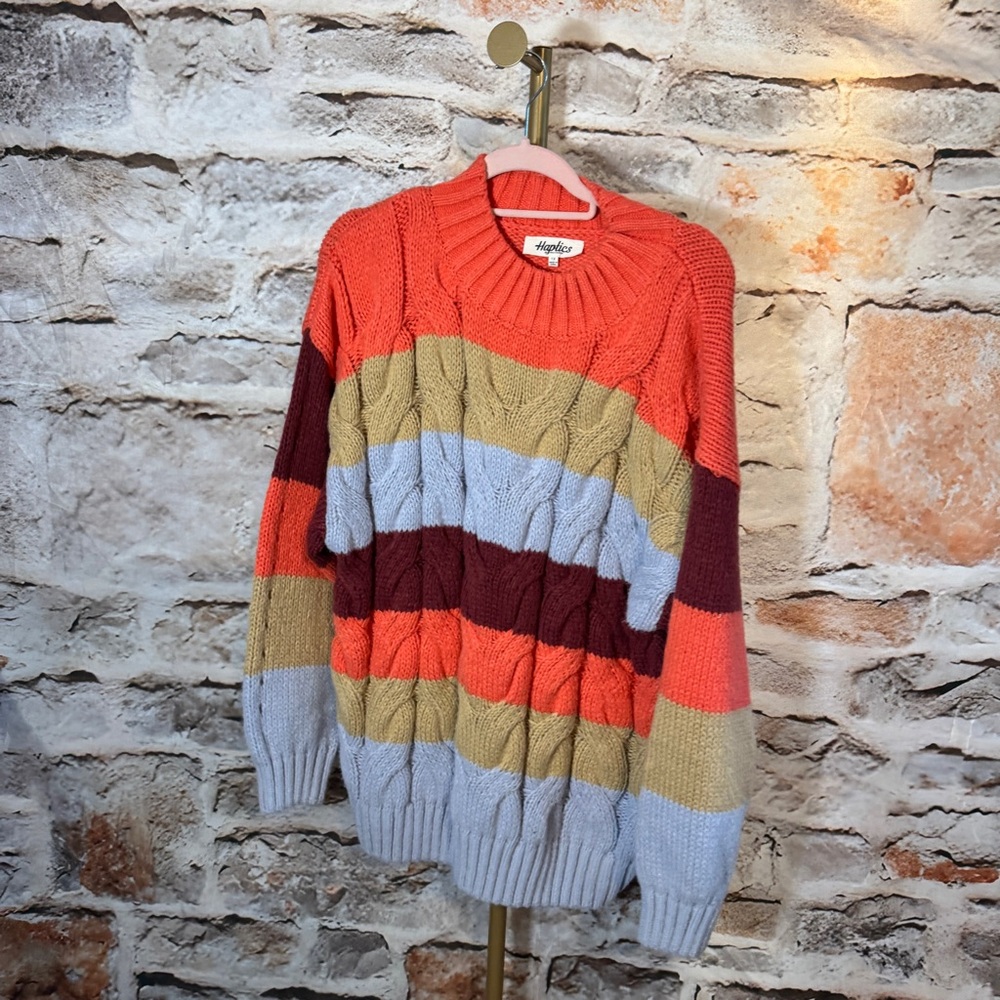 Haptics - Mock Neck Stripe Cable Pattern Sweater Top - Orange, Wine, Cream - 1x